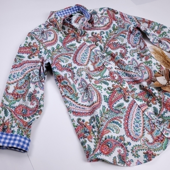 CHAPS White Blue Green Paisley Boho Top M - Picture 11 of 11